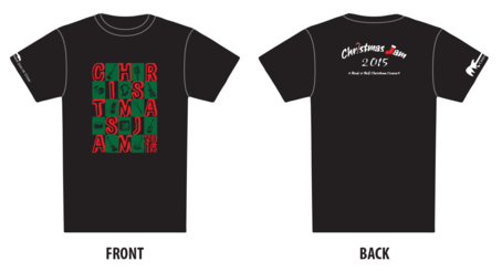 front and back of the 2015 edition christmas jam tee shirt