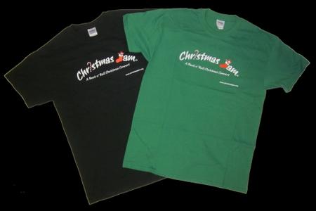 photo of two christmas jam t-shirts with the vintage logo, one black and the other green